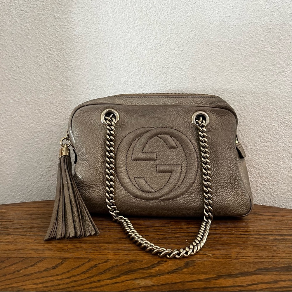 Gucci Soho Double Chain Interlocking G Soho Shoulder Bag Metallic Grey - Picture 4 of 17